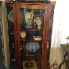 Oak, Antique Curved Glass Curio Cabinet