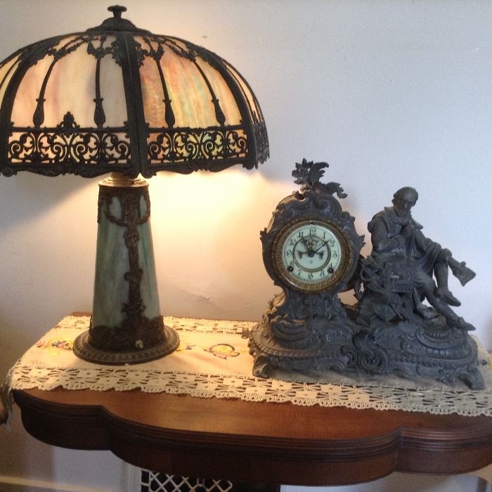 Beautiful Slag lamp, Cast clock, and  Antique Bridge (Folding) Table