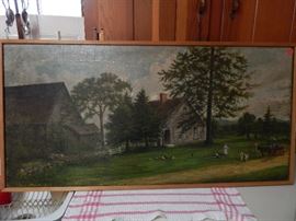 Artist: Catherine Stow-1915, House and Barn Scene, Oil on Stretched Canvas