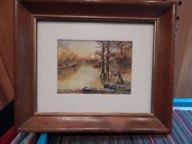 Artist: Edna Mayo, Lake Scene With Boat, Water Color