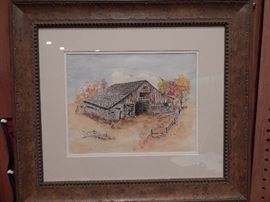 Artist: Edna Mayo, Title Unknown, Barn Scene With Fence, Water Color and Pen and Ink