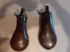 2 Copper Pistol Loading Flask, 1 is Marked Hawskley