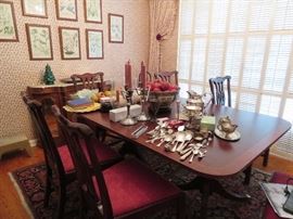 Sheraton/Regency Style 2 Pedestal Inlaid Sheraton Table, 4 Leaves to Seat 14