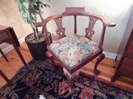Chippendale Style Corner Chair, Carved Mahogany, Upholstered Bottom, Claw and Ball Feet