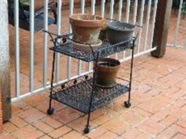 Wrought Iron Tea Cart and Large Flower Pots
