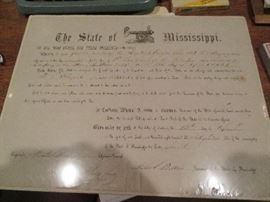 Mississippi Document--This is a commission document to a position of 1st Lieutenant of the South Sons and Company in Amory, MS. Document is from 1861 and signed by John J. Pettus the Governor for Mississippi at the time Mississippi succeeded from the Union. April 13, 1861.