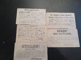 Five reward cards sent on postal cards. One dated 1881 and four dated 1882. Most are offering reward for stolen horses.