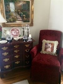 This is a Councill Craftsman Chest, a lovely padded parsons chair, some random Steuben and a pillow with a Yorkie on it...because I sell pillows with pictures of dogs on them, but never pillows that I know dogs have been on!  (However, we do donate all unpurchased pillows, bedding, towels and pet accessories to Jacksonville ACPS.