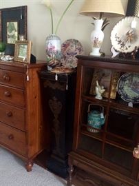 I will probably move this amazing pair of Fench pedestals...they are just too special and are lost in these photos. But this is the end of my Michigan vintage cabinet and the beginning of an amazing maple four drawer chest...plus some Nippon and Limoges. 