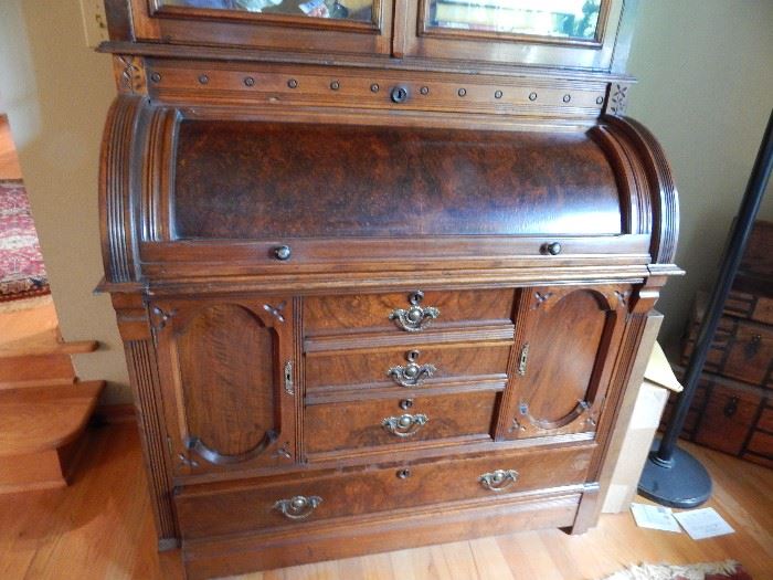 Antique Walnut Cylinder Secretary Desk Bookcase