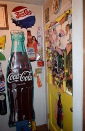 5 foot tall flat back Coca-Cola sign, metal Pepsi Cola bottle top paper Budweiser bottle with girl