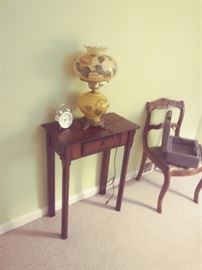 Vintage wooden-side chair, Hurricane Lamp & Telephone Table
