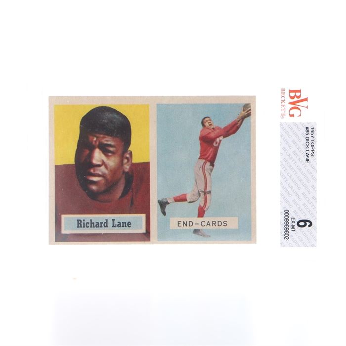 1957 Topps Graded Dick Lane Card: A 1957 Topps graded Dick Lane card. This 1957 #85 Topps football card depicts Dick “Night Train” Lane of the Chicago Cardinals. The card is presented in a plastic sleeve graded by Beckett Grading Services with a score of 6.