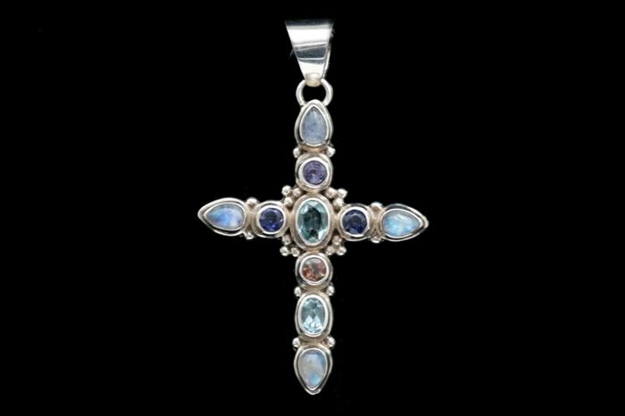 Sterling Silver, Blue Topaz, Amethyst, Moonstone and Andalusite Cross Pendant