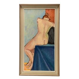 Original Oil Figure Painting on Canvas Board: An original oil figure painting on canvas board by an anonymous artist. The image depicts a seated nude female viewed from behind, her body resting on a rigid block object draped with a blue cloth. She leans forward onto a support of some sort draped with a dark gray cloth, resting the weight of her torso against it. The backdrop is divided into two simple planes of pale blue and burnt orange. This unsigned work is mounted in a beveled wood frame with a light gray finish, equipped to hang.
