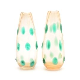 Pair of Modernist Art Glass Vases: A pair of Modernist art glass vases. Each has a teardrop shape, widening toward the base, and features a gold tone finish to the interior, and a pattern of raised green ovals to the exterior. Unsigned.