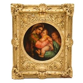 Antique Oil Painting on Canvas After Raphael's "Madonna della seggiola": An 19th-century oil painting on canvas after the original famed 1513–1514 oil painting on panel titled Madonna della seggiola by Renaissance Old Master Raffaello Sanzio da Urbino (1483 – 1520), known more commonly as simply Raphael. The painting depicts Mary and the baby Jesus posing against a dark background as John the Baptist looks on reverently. This copy painting is unsigned. It is presented in an absolutely stunning antique wooden frame with a circular vignette. The frame has high-relief cast surface embellishments, including foliate designs and cherub busts. The frame has gold leaf finish across its surface. A hanging wire is attached to the piece’s verso, though it does not attach across the length of the painting.