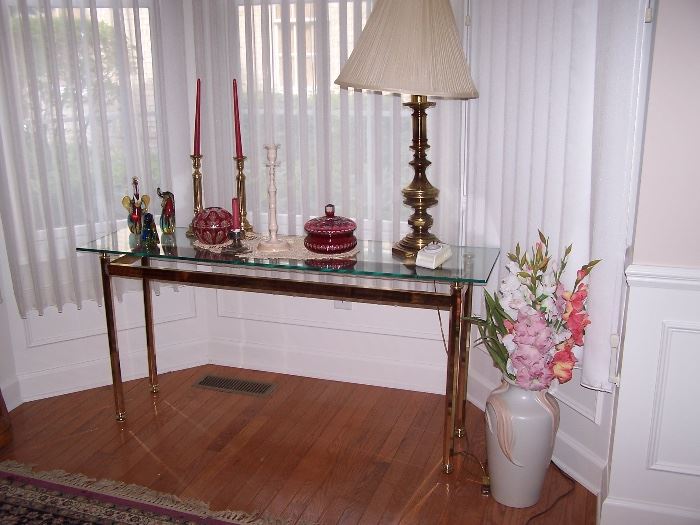 Brass sofa table, Ruby Glass accessories