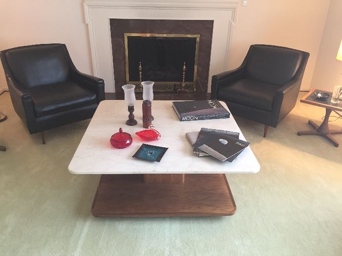 MID-CENTURY:  CHAIRS, COFFEE TABLE WITH TRAVERTINE TOP, SIDE TABLES WITH SLATE AND LAMPS - GLASS AND METAL PIECES TOO!