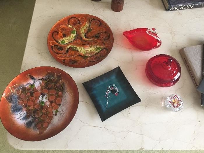 MID-CENTURY METAL DISHES,  GLASSWARE AND MORE