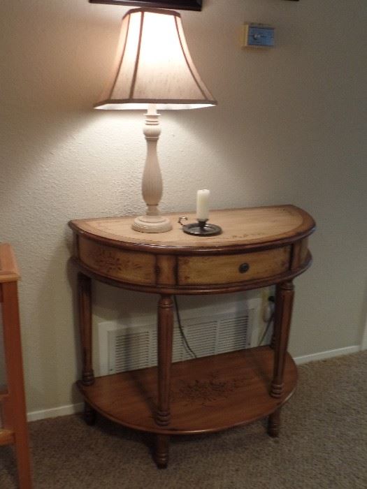 Half moon shaped side table with drawer and Lamp