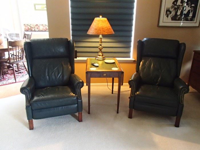 Pair of leather recliners, leather drop leaf side table