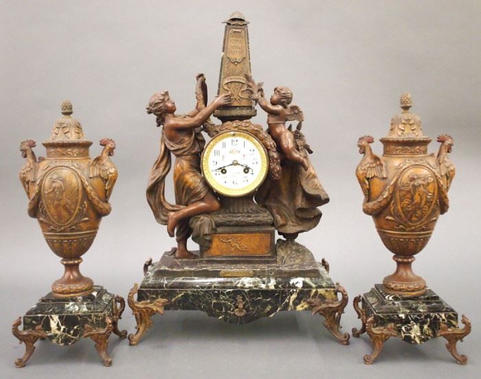 F Marti French 3 pc Bronze and Marble clock set