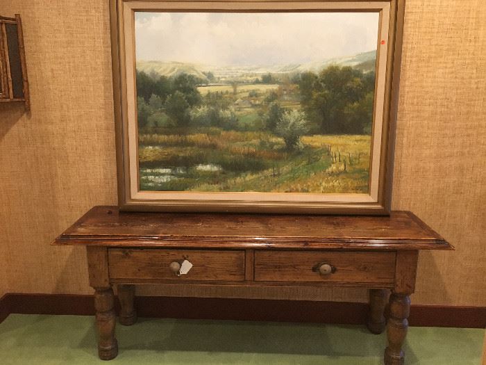 PINE TABLE AND RICHARD MURPHY OIL PAINTING.