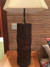 COOL CARVED WOOD TABLE LAMP.