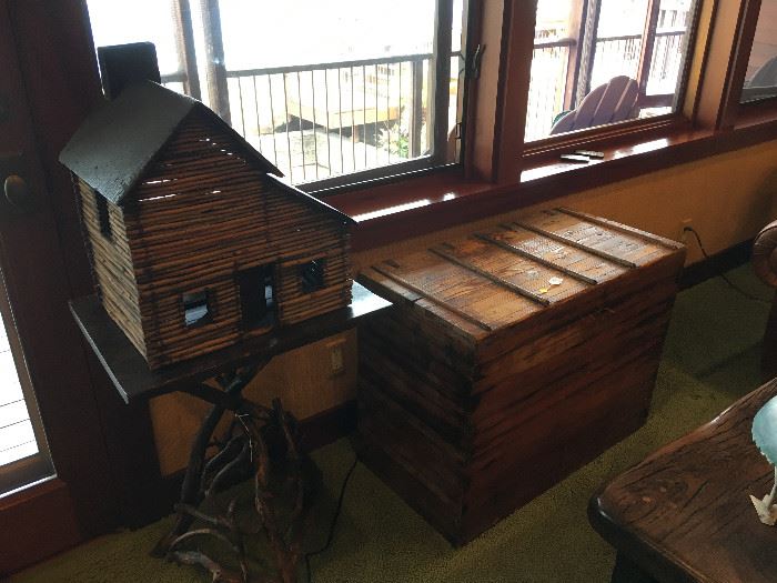 TWIG TABLE, HAND MADE CABIN & ANTIQUE TRUNK