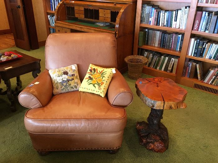 LEATHER MORRIS CHAIR, OTTOMAN, & CARVED TREE TABLE