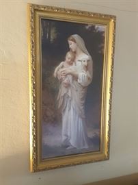 Madonna and Child with Young Lamb, framed in gold tone frame.