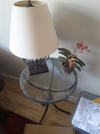 Glass round end table with 3 footed metal base. Reading Lamp with metal base. Small sustainable orchid plant.