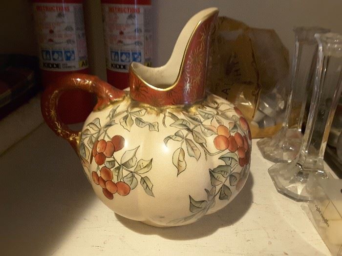 Decorative Ceramic Pitcher. Collectible, and Vintage. Cherries and Fall Leaves, Orangy Brown Handle and Upper Pitcher Opening Spout.
