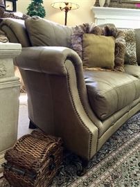 Nail head Henderdon Sofa. color is a very contemporary shade of slate/pale olive. 