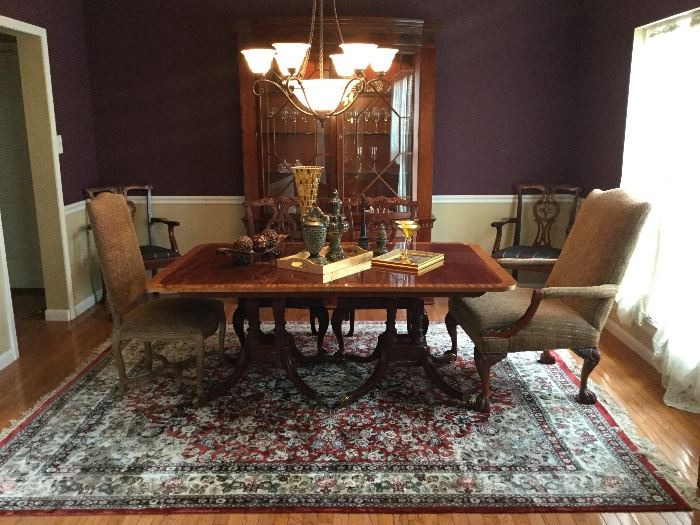 Baker, Mohogany solids and mohagany  veneer, dining table, twin pedestals. Pedestals modeled after c1810 Nathaniel Russell House table. Three leaves.Stunning piece! Excellent condition! Original receipts avail! 