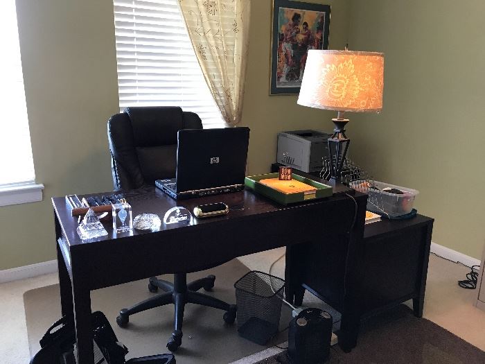 Office furniture; desk and two side tables, chair, etc. 