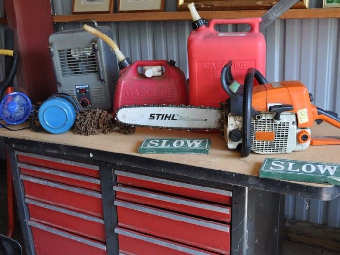 Tool chest, Stihl chain saw, gas cans.