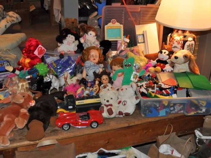 Dolls, Legos, Connects, cars, stuffed animals.