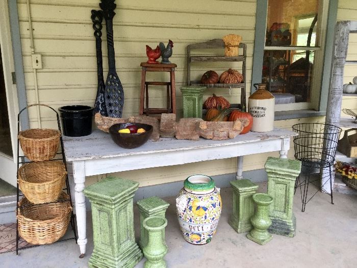 Harvest Table, antique stool, fall décor, display shelving too! 