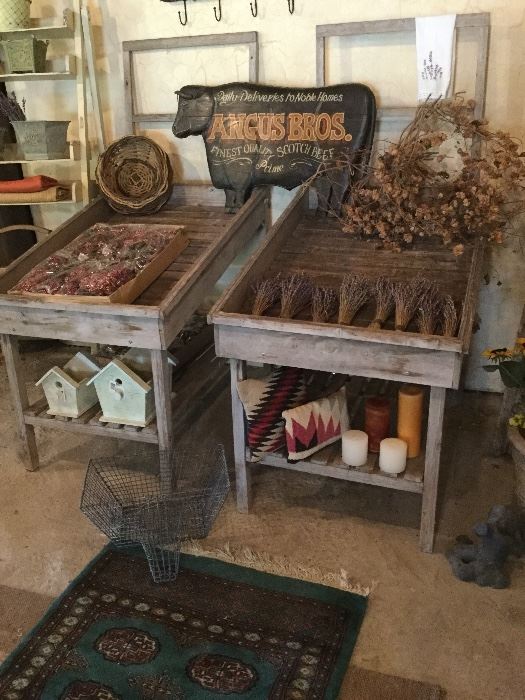 Antique produce stands, dried lavender, floral arranging materials