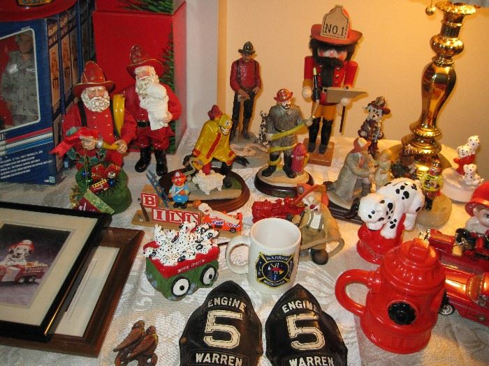 Emmett Kelly, Michael Garman and Clothtique Santa Fireman Collectibles and Patches, Jim Beam Fire Truck Decanters