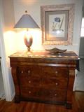 Antique Chest of Drawers, Lamp & Botanical Print