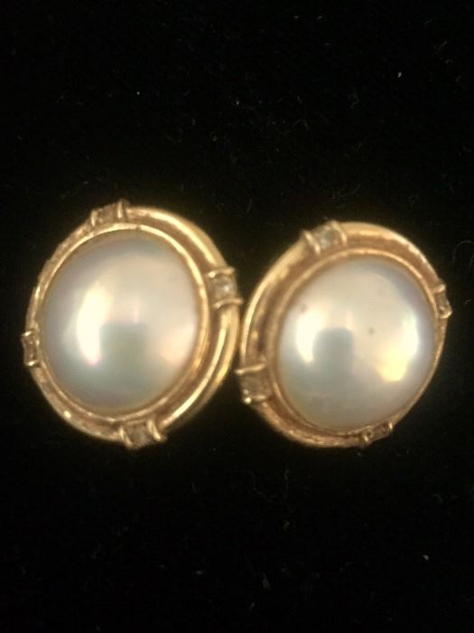 18k diamond Mabe pearl signed mikimoto earrings