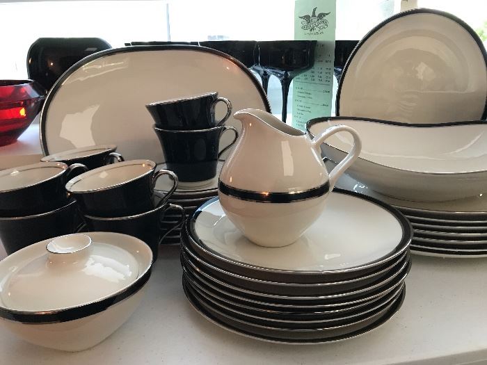 Vintage  American Manor "Ebony" china and lead crystal including a 36 piece china set, glasses and vases / candle holders
