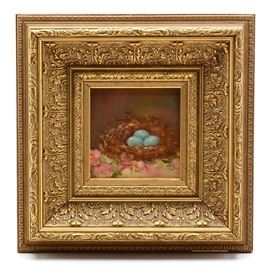 Sue Helbling Original 2009 Oil on Canvas "Apple Blossom Time": An original 2009 contemporary oil painting on canvas signed to the lower right by artist Sue Helbling, titled Apple Blossom Time. The image depicts a robin’s nest filled with three blue eggs, surrounded by pink apple blossoms. This work is mounted in a wood frame with opulent cast veneer and a gilt finish, equipped to hang.