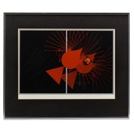 Charley Harper Signed Limited Edition Serigraph: A signed limited edition serigraph on wove paper by well listed and beloved Cincinnati artist and wildlife conservationist Charley Harper (1922 – 2007), titled Seeing Red. The print depicts a cardinal becoming flustered and angry as it aggressively confronts its own reflection in a glass pane. The print is signed and numbered 1294/2500 in pencil to the lower corners. It is matted in black and presented behind glass in a silver tone metal frame with a hanging wire attached to the verso.