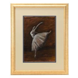 Toni Roark Original Pastel Drawing of Ballerina: An original contemporary pastel drawing on paper signed to the lower right by artist Toni Roark. The image depicts a female ballet dancer on pointed toe, extending her back leg high into the air. This drawing is mounted behind blue and white double mat, under glass in a beveled wood frame with a speckled warm silver finish, equipped to hang.