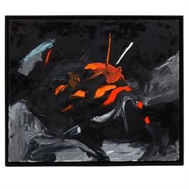 Signed Original Acrylic Abstract Painting on Canvas: An original contemporary abstract acrylic painting on canvas signed to the lower right by artist M. M. This non-objective work depicts a black and gray nebulous abyss integrated with bright, saturated orange and red pigments. This work is mounted in a black composite frame, equipped to hang.