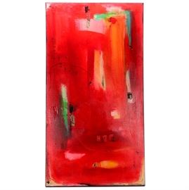 Suzanne Lambert Original 2004 Mixed Media Abstract Painting: An original large acrylic painting with applied paper and canvas accents by contemporary abstract artist Suzanne Marie Lambert (Cincinnati/Europe). The piece is mostly completed in shades of red with bright accents of a variety of colors. Two stylized figures are applied in ripped paper and paint to the canvas, and black paint drips casually across the canvas. The painting is signed and dated to the lower right as well as to the verso. The piece is presented without matting or framing, but is gallery-wrapped and ready to hang. The artist’s website can be found below under Additional Information.